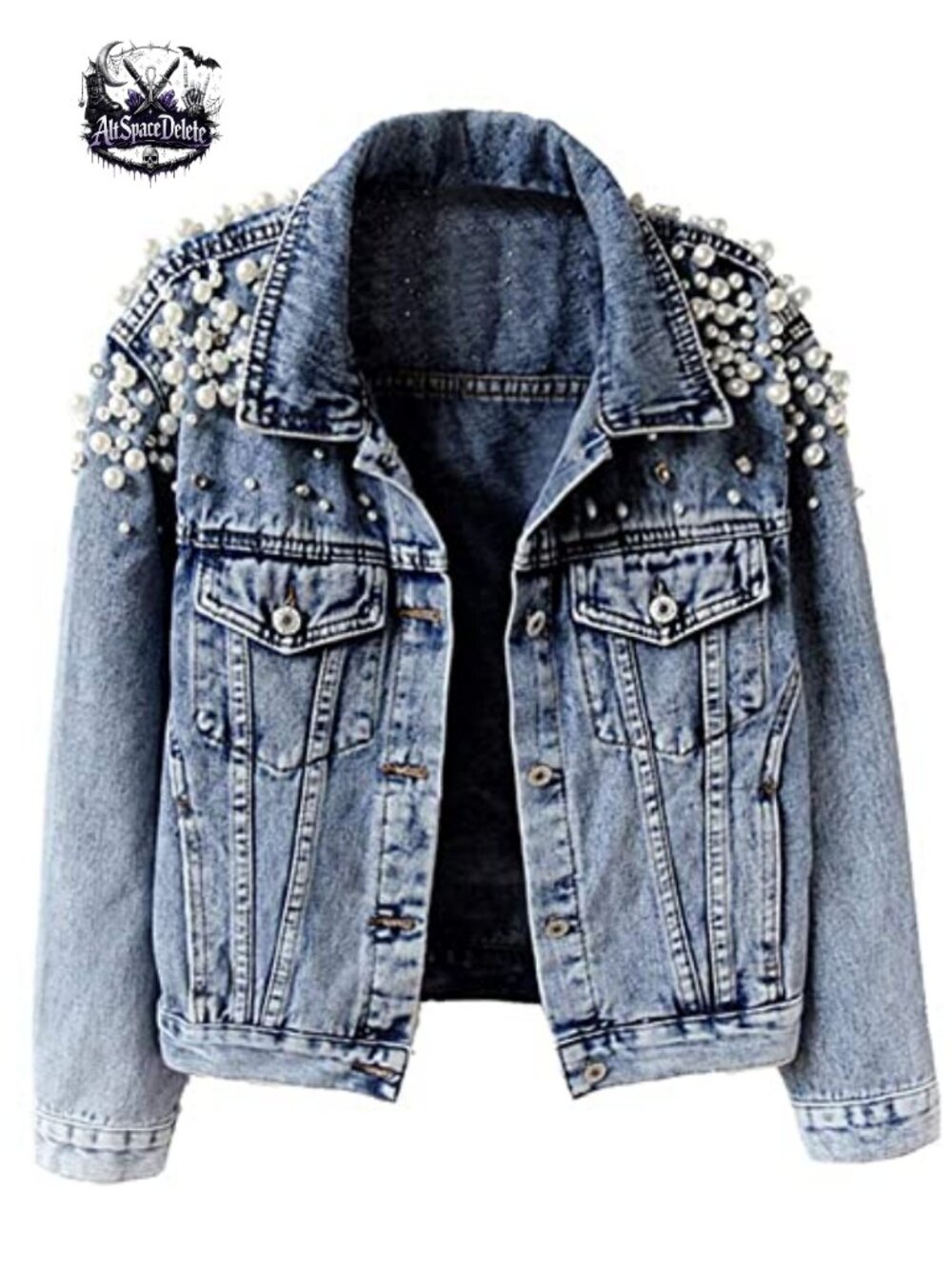 Pearl Beaded Denim Jacket Custom Embroidered Button Up Women's